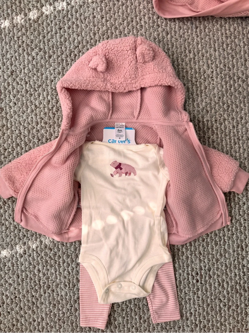 New Carter's Pink Sherpa Zip Hoodie and Cream Bodysuit Set with Pink Stripe Pant